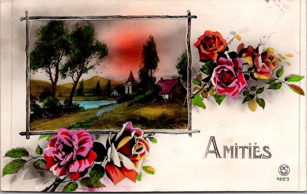 French Amities With Roses and Pastoral Landscape Vintage Postcard SP17-26